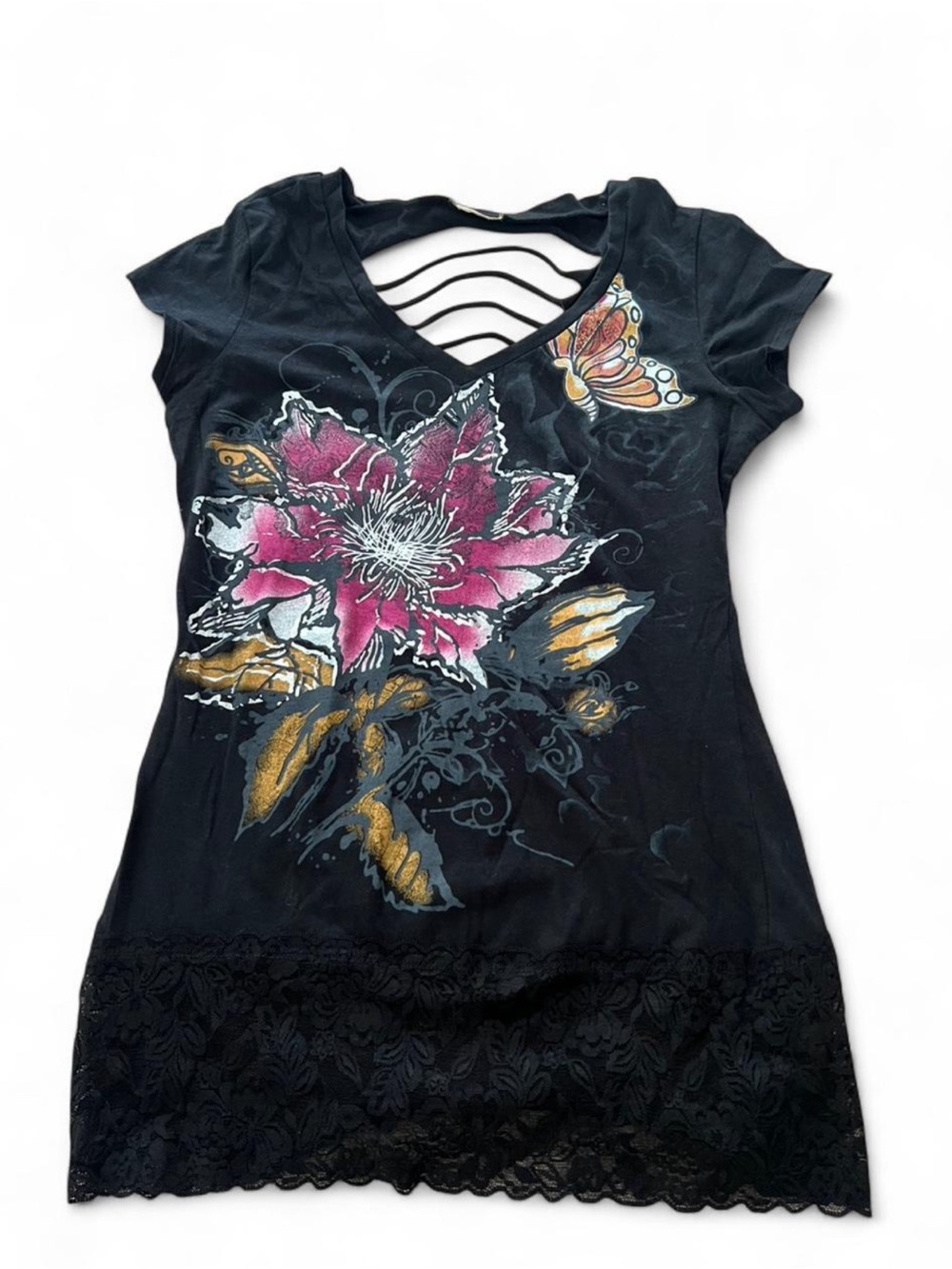 Vintage Y2K Black Floral Lace Butterfly Top